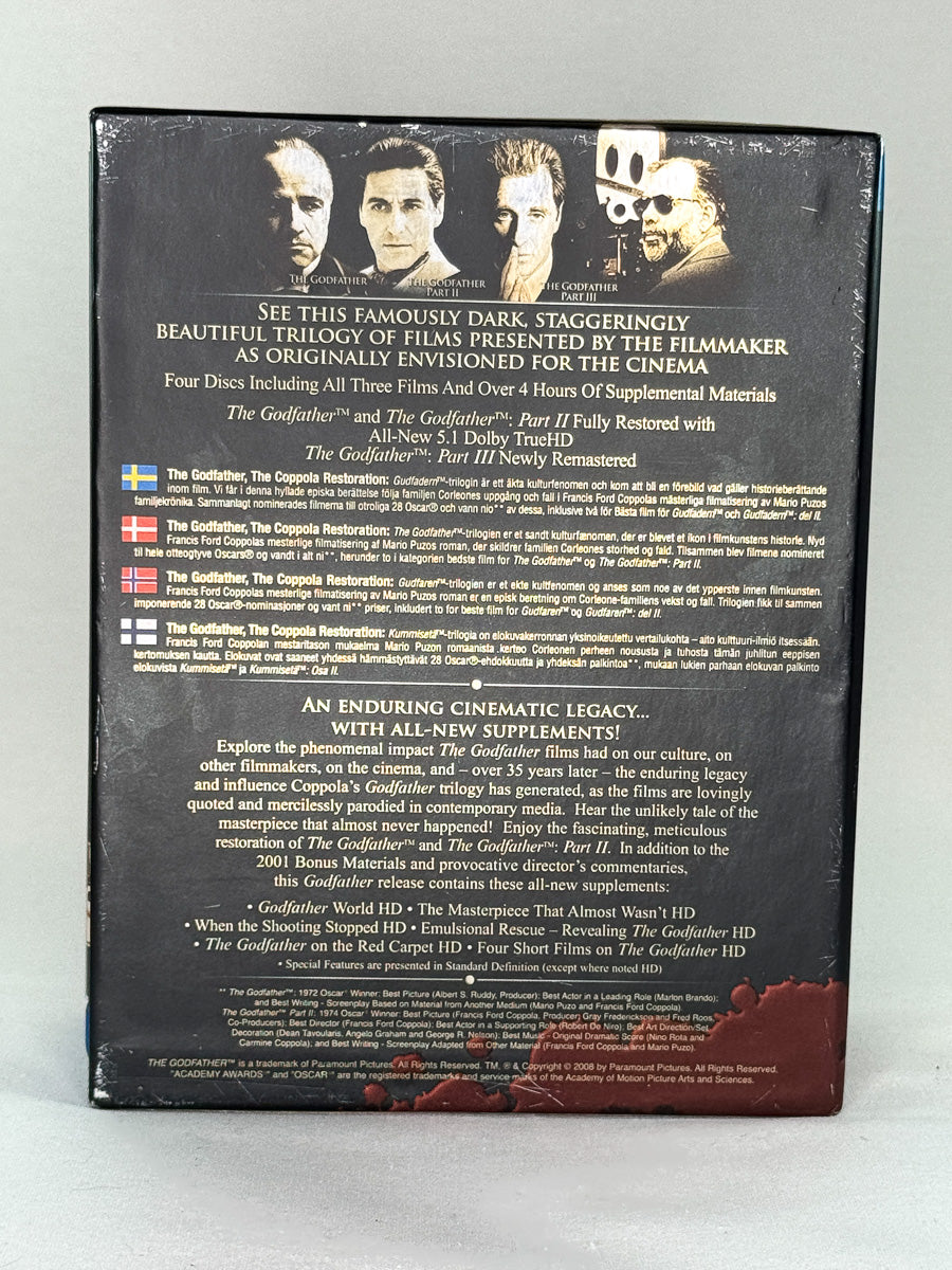 Bakside av Blu-ray-boks The Godfather – The Coppola Restoration – brukt mafia-klassiker på Blu-ray, detaljer fra cover hos Brukbar Film