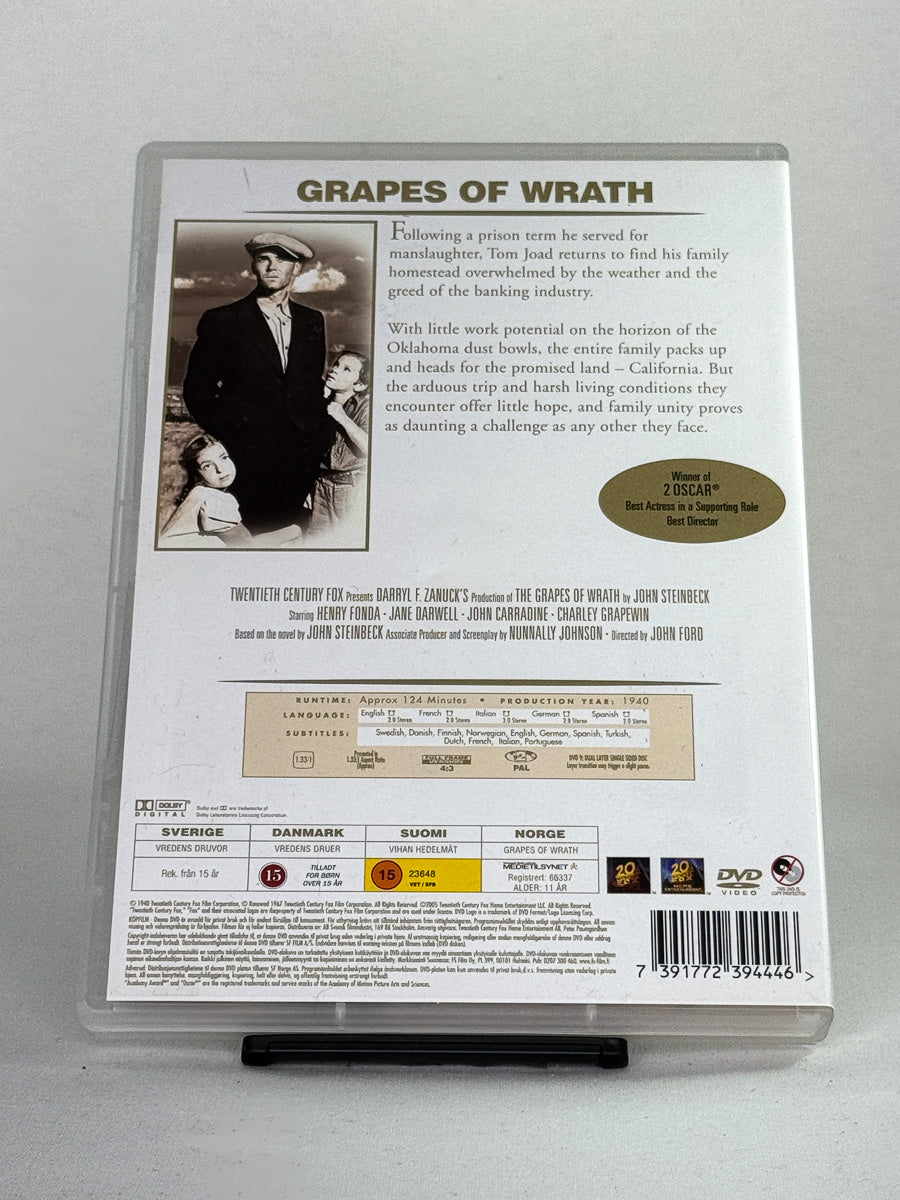 Bakside av DVD-cover til The Grapes of Wrath – brukt klassiker på DVD, tilgjengelig i original utgave hos Brukbar Film
