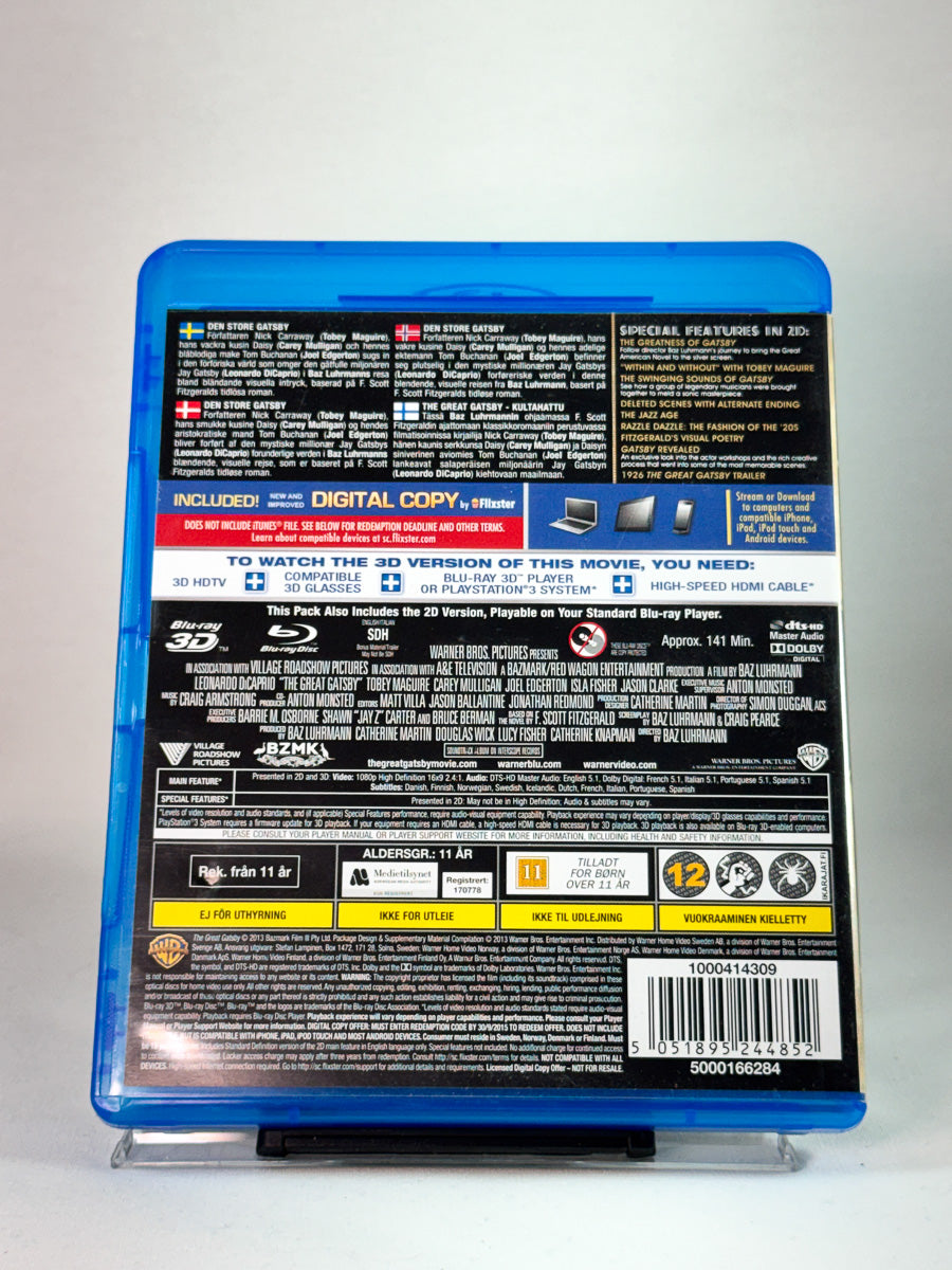 The Great Gatsby 3D – bakside av Blu-ray-cover med innhold og spesifikasjoner, brukt Blu-ray hos Brukbar Film