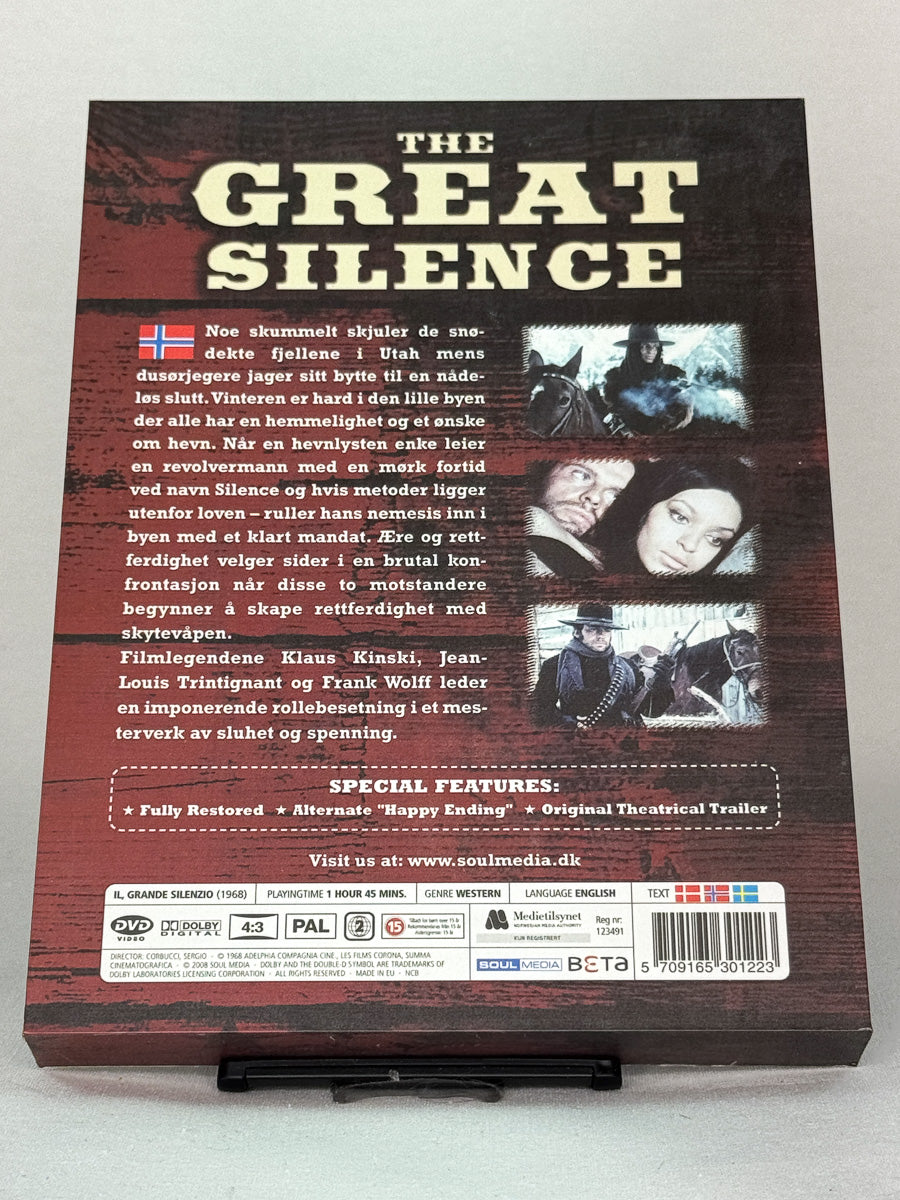 Bakside av DVD-cover til The Great Silence – regissert av Sergio Corbucci med musikk av Ennio Morricone, original brukt DVD-utgave tilgjengelig hos Brukbar Film.