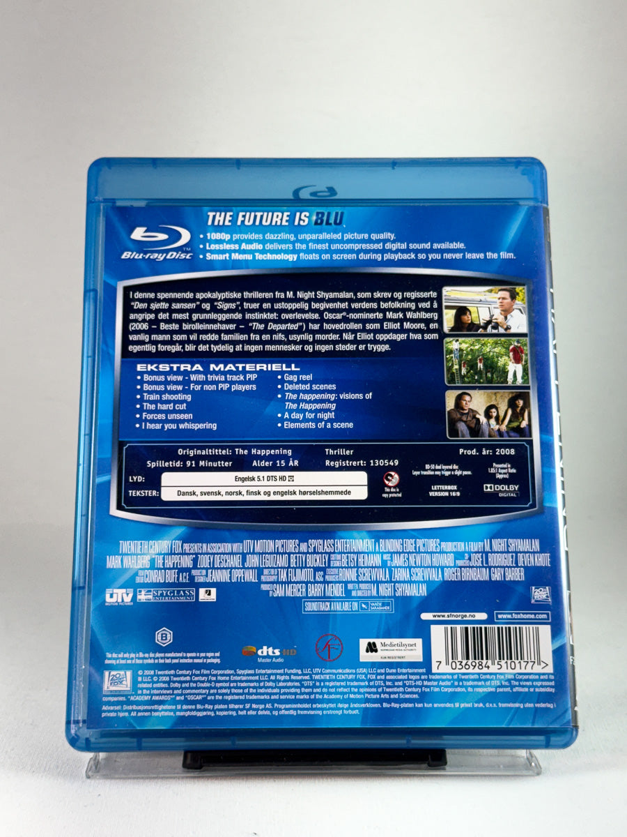 Bakside av Blu-ray-cover til The Happening, bruktfilm hos nettbutikken Brukbar Film