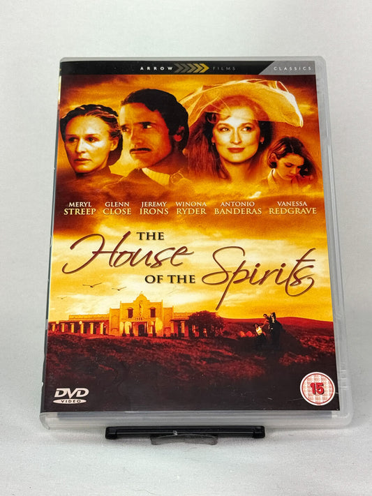 Forside av DVD-cover til The House of the Spirits (Åndenes hus) – brukt dramafilm på DVD med stjernespekket rollebesetning, tilgjengelig hos Brukbar Film