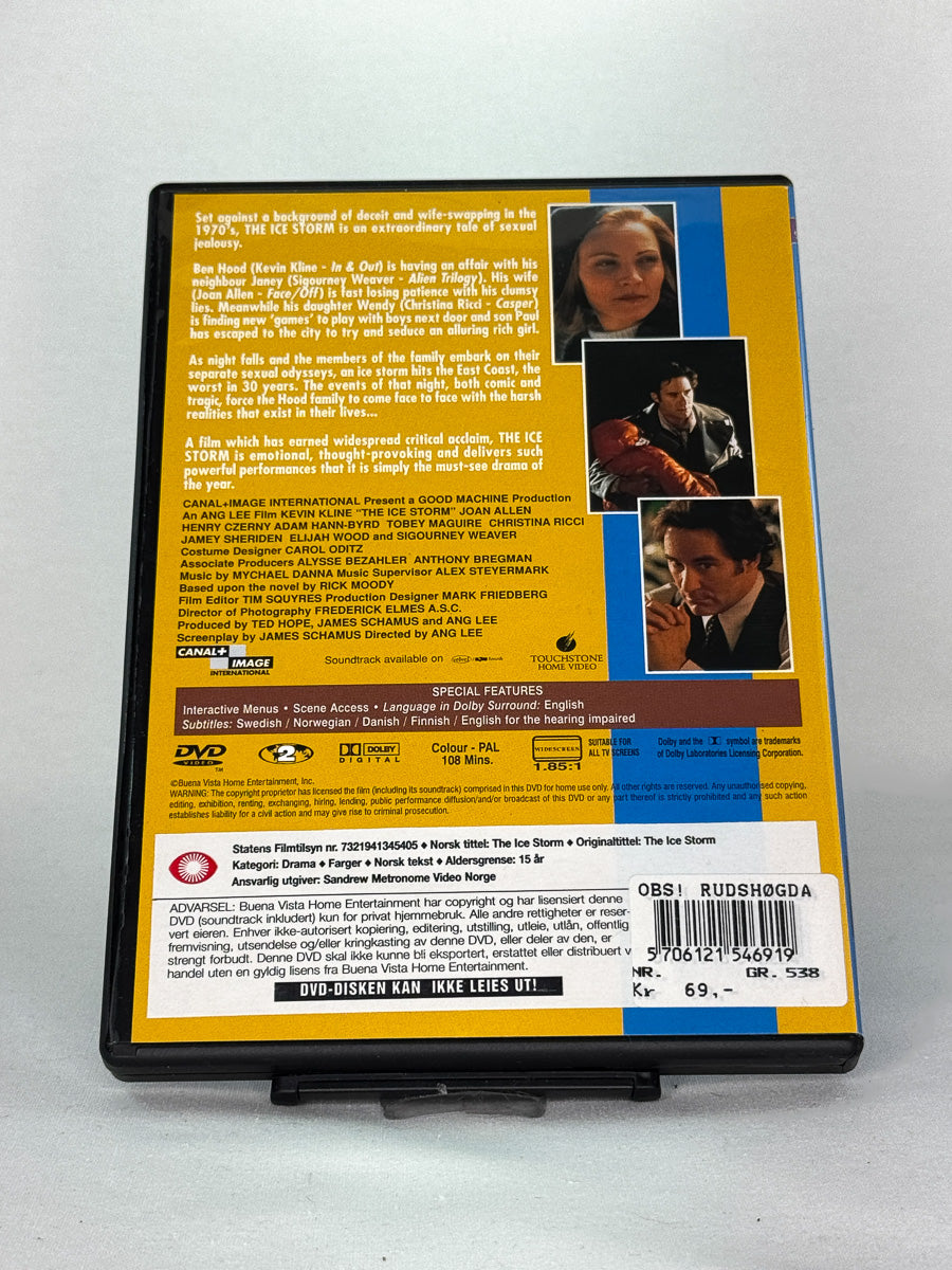 Bakside av DVD-cover til The Ice Storm – isende familiedrama fra 70-tallet med dypt menneskelig tematikk, second hand DVD-film fra Brukbar Film.