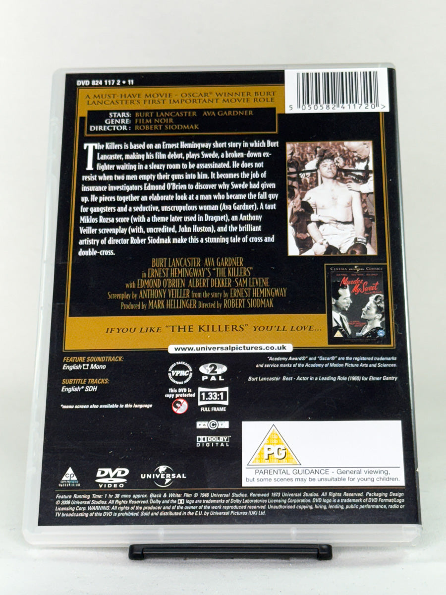 Bakside av DVD-cover til The Killers – brukt film noir-klassiker på DVD, tilgjengelig hos Brukbar Film