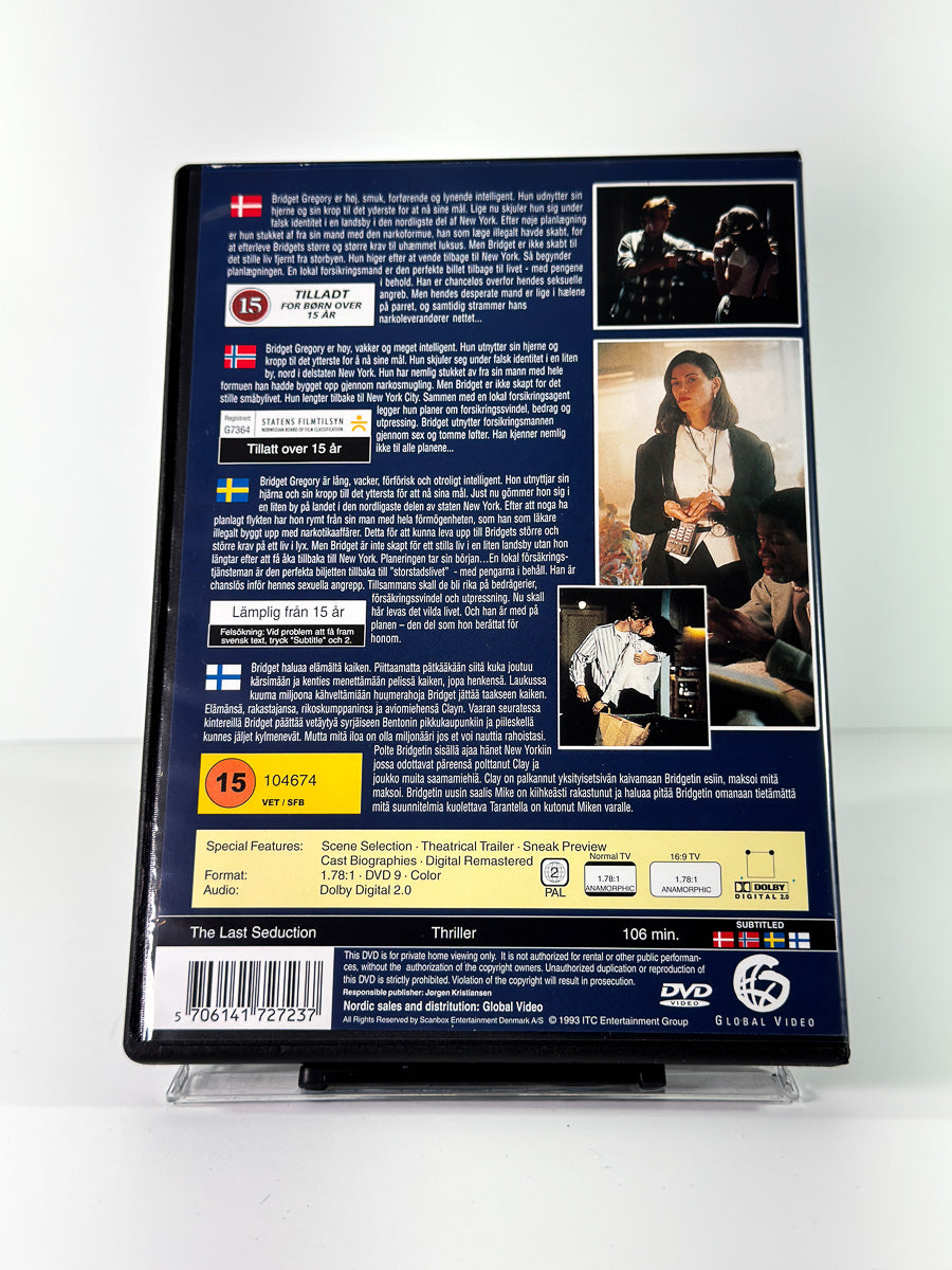 Bakside av cover til The Last Seduction, bruktfilm på DVD hos Brukbar Film