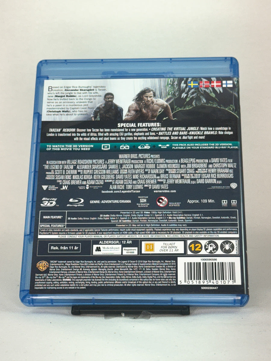 Bakside av Blu-ray 3D-cover til The Legend of Tarzan – moderne tolkning av klassikeren med imponerende visuelle effekter, brukt film hos Brukbar Film.