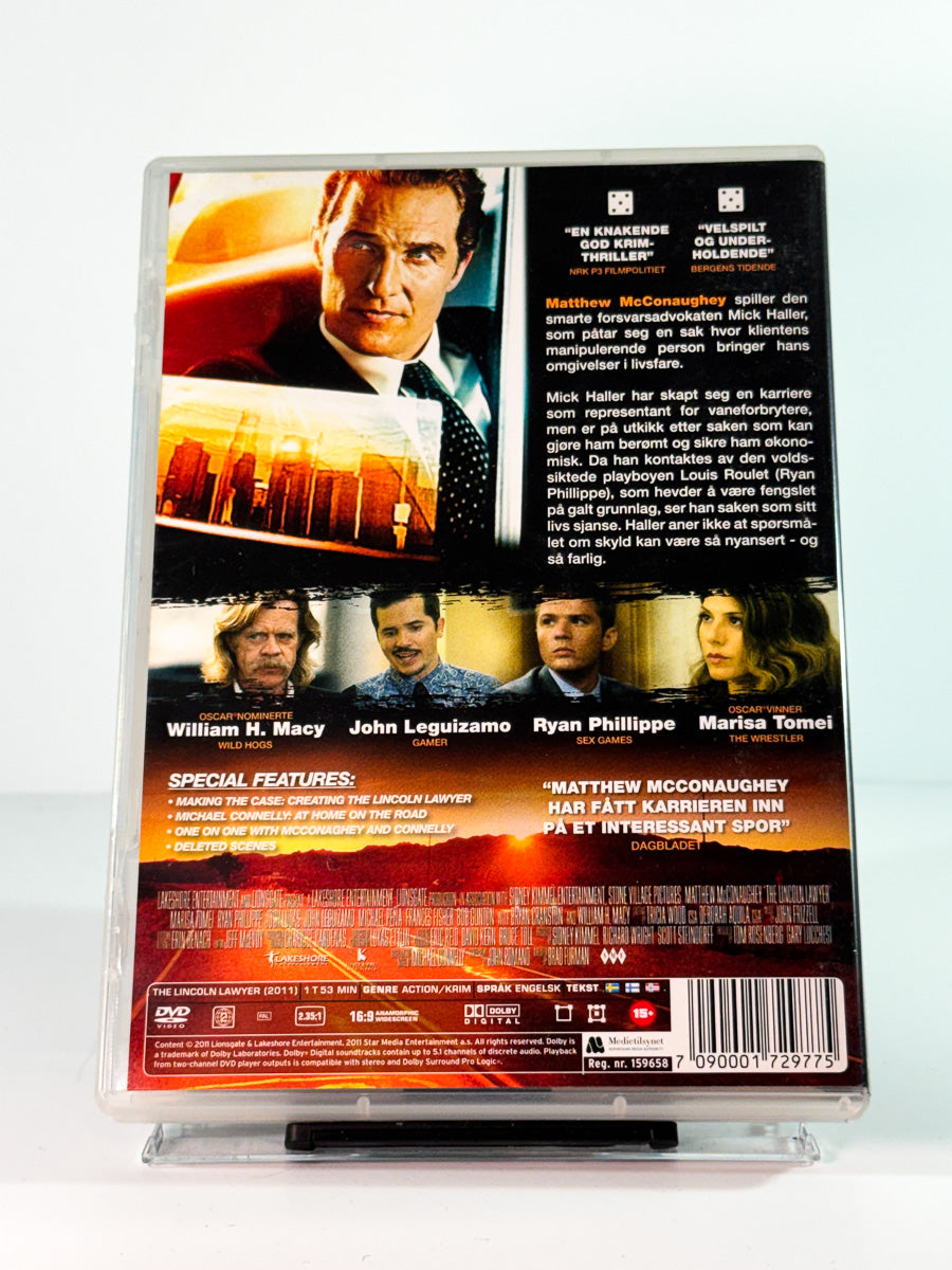 Bakside av cover til the lincoln lawyer, bruktfilm hos nettbutikken Brukbar Film
