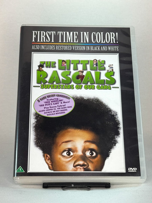 Forside av DVD-cover til The Little Rascals – Superstars of Our Gang – klassiske kortfilmer for første gang i farger, brukt familiefilm på DVD hos Brukbar Film.