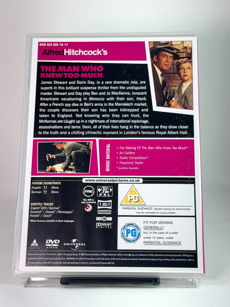 Bakside av DVD-cover for The Man Who Knew Too Much – Oscar-vinnende thriller med legendarisk tittelmelodi, brukt DVD hos Brukbar Film.