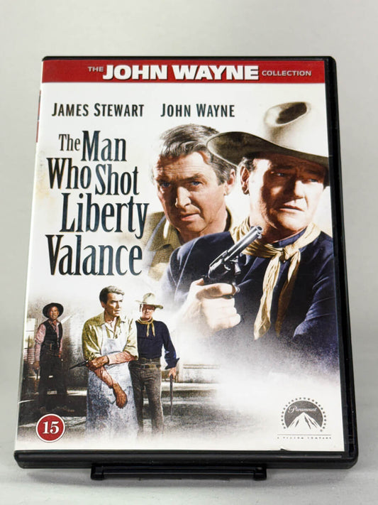 Forside av The Man Who Shot Liberty Valance DVD-cover – westernklassiker med John Wayne og James Stewart, brukt originalfilm på DVD fra Brukbar Film