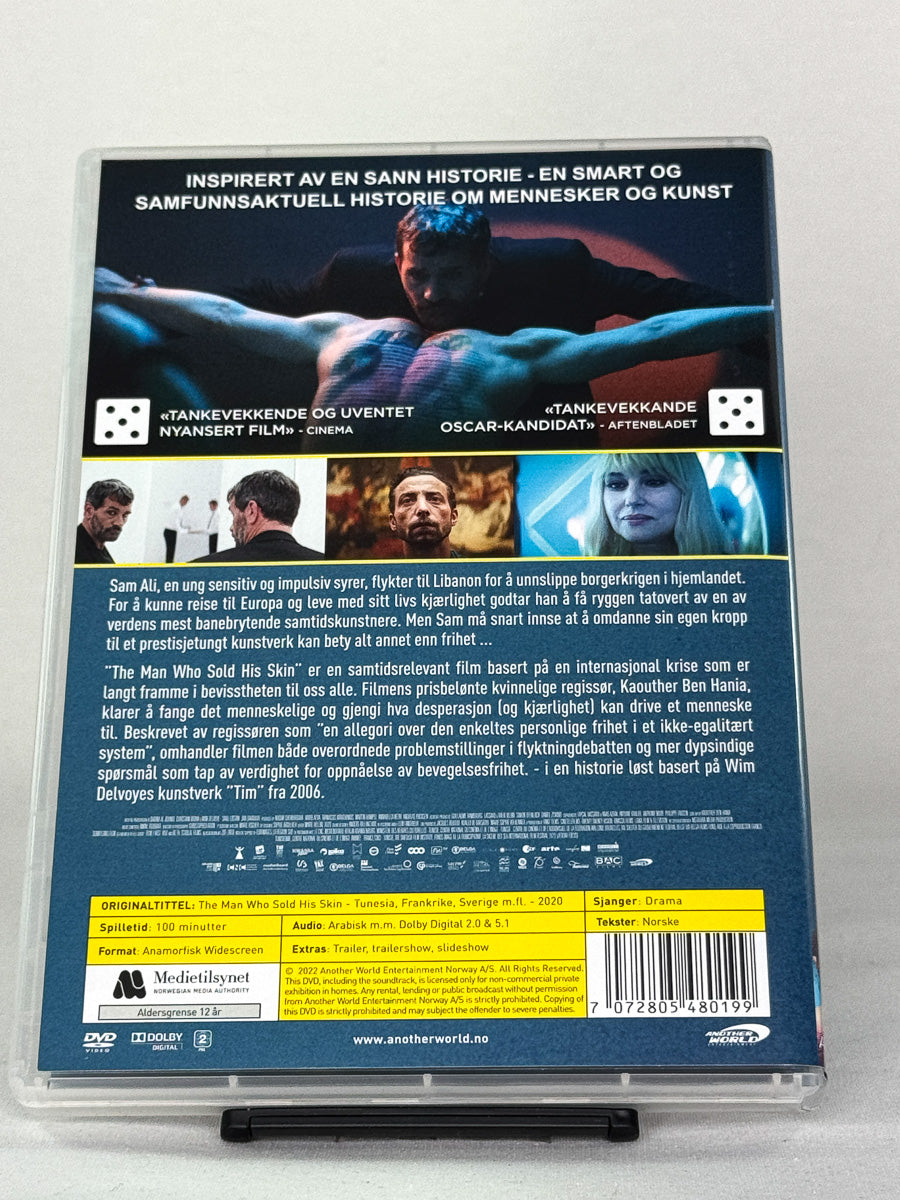 Bakside av DVD-cover for The Man Who Sold His Skin, brukt DVD hos Brukbar Film.