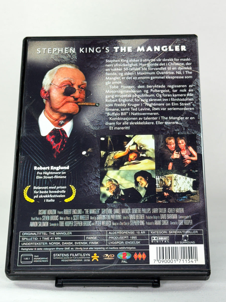 Bakside av The Mangler DVD – skrekkfilm basert på Stephen Kings novelle, brukt originalfilm fra Brukbar Film