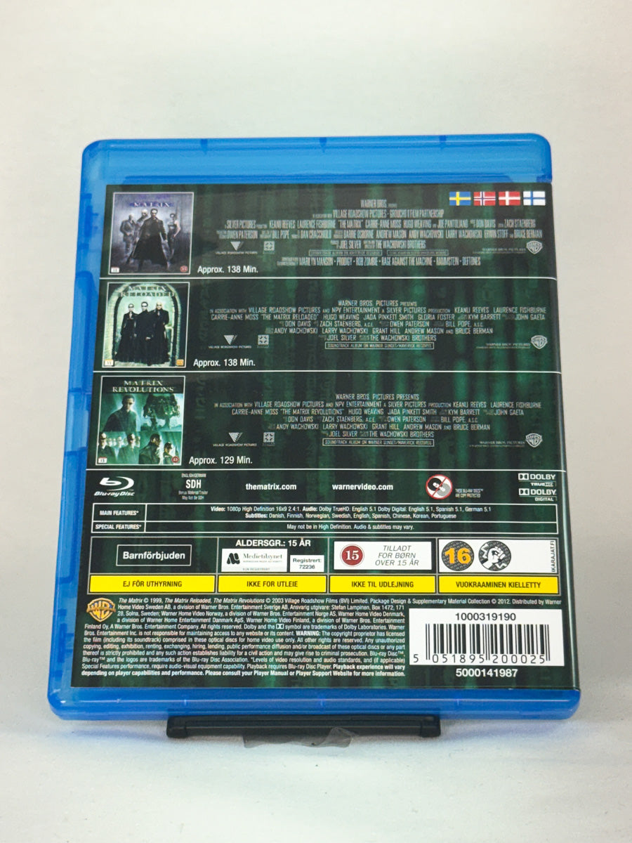 Bakside av Blu-ray-cover for The Matrix Collection – brukt action/sci-fi-samling på Blu-ray, tilgjengelig hos Brukbar Film