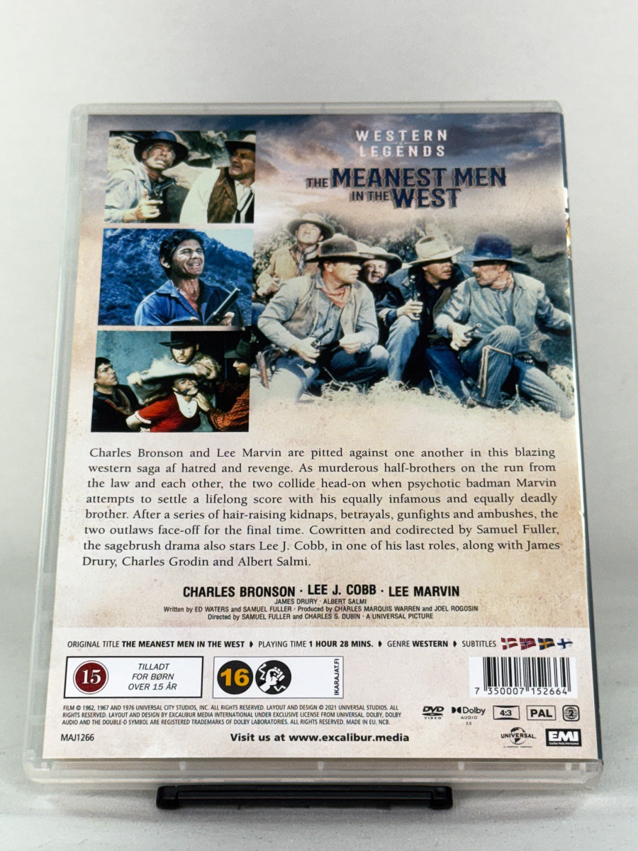 Bakside av The Meanest Men in the West DVD-cover – actionfylt western med Bronson, Marvin og Lee J. Cobb, brukt originalfilm på DVD fra Brukbar Film