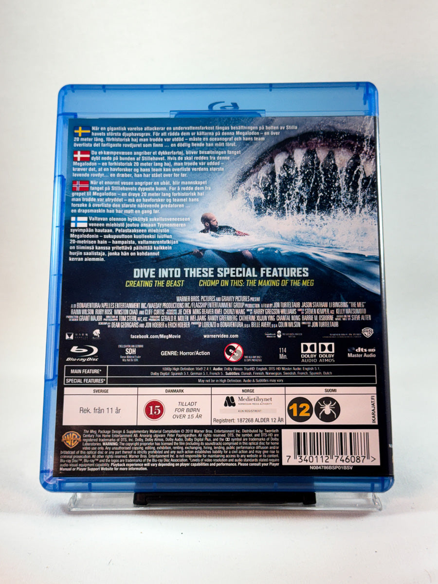 Bakside av Blu-ray-cover til The Meg, bruktfilm hos nettbutikken Brukbar Film
