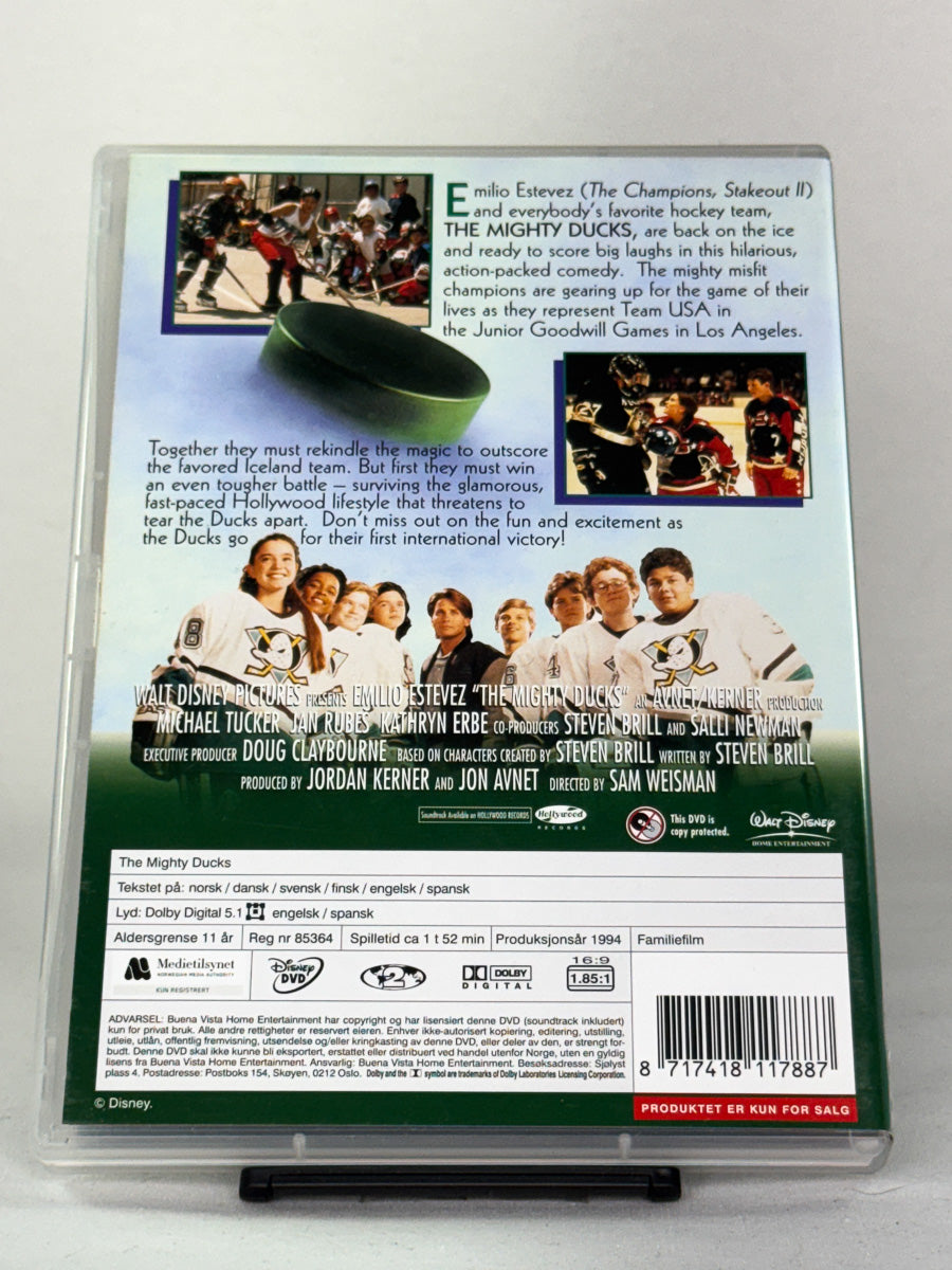 DVD-cover-bakside til filmen The Mighty Ducks – Brukt DVD fra nettbutikken Brukbar Film