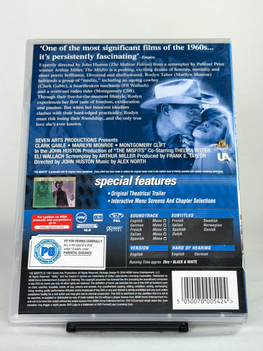 Bakside av DVD-cover for The Misfits – brukt DVD-film; beskrivelse og teknisk info.