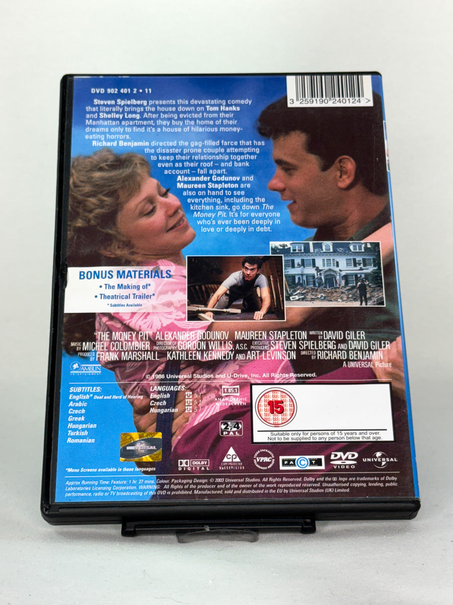 Bakside av DVD-cover til The Money Pit – klassisk 80-tallsforvikling om hus, håp og uhell, bruktfilm på DVD hos Brukbar Film.