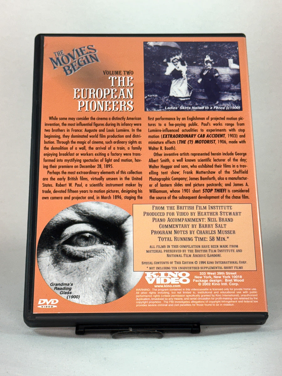 Bakside av DVD-cover til The Movies Begin Vol. 2 – The European Pioneers, brukt originalfilm på DVD fra Brukbar Film