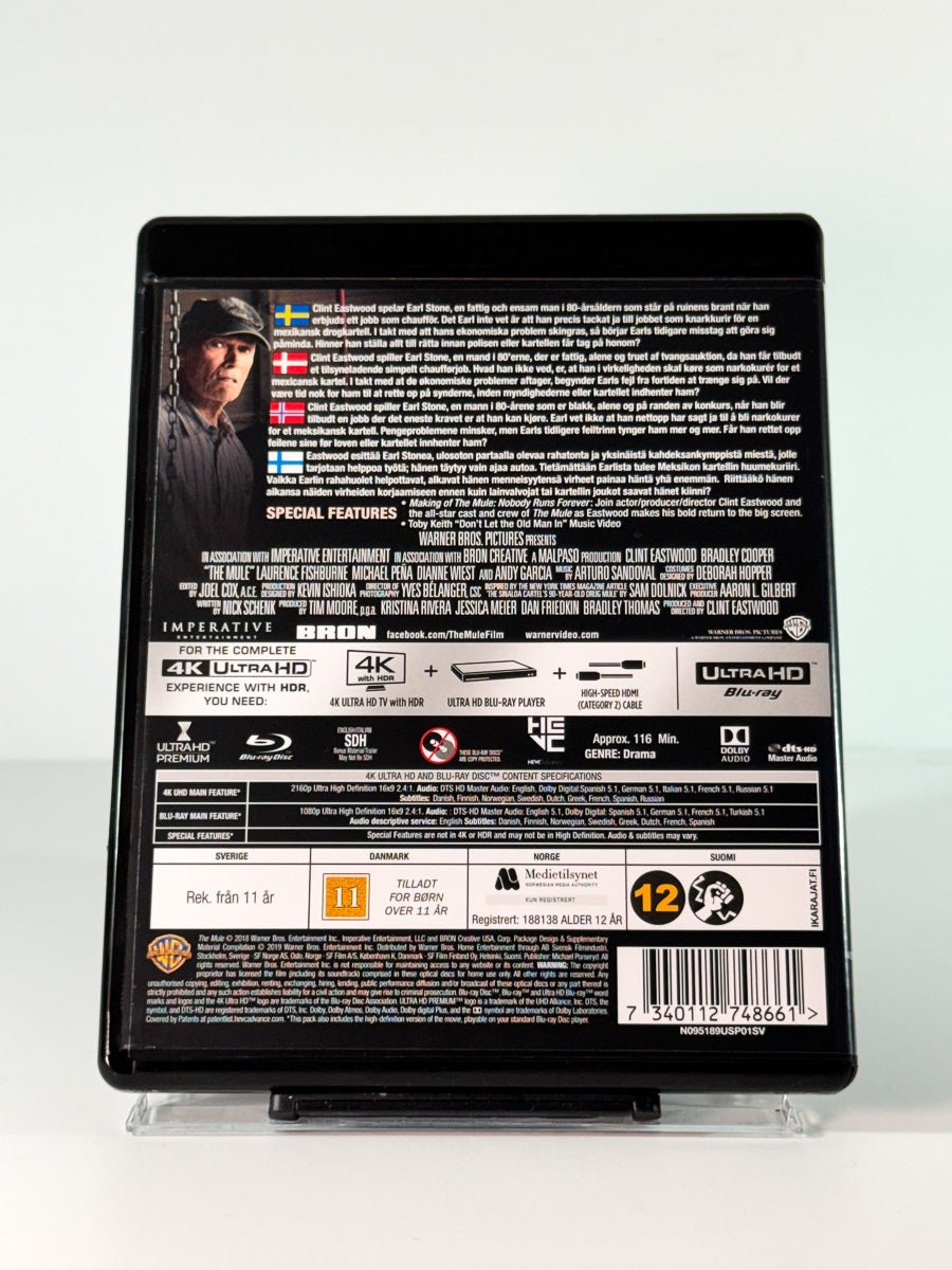 Bakside av cover til The Mule på 4K Ultra HD