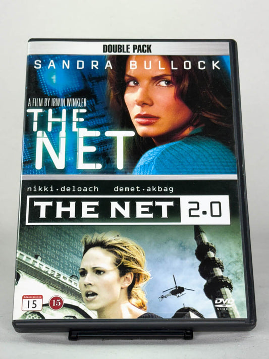 Forside av DVD-cover til The Net / The Net 2.0 – brukt spenningsfilm i double pack-utgave, kjøp originale DVD-filmer hos Brukbar Film