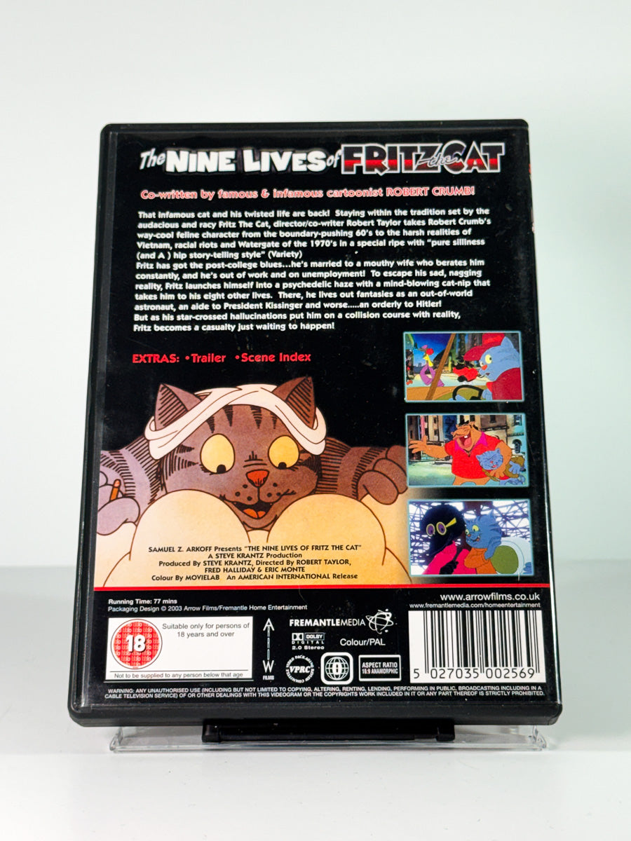 Bakside av cover til The Nine Lives of Fritz the Cat, brukt DVD hos Brukbar Film