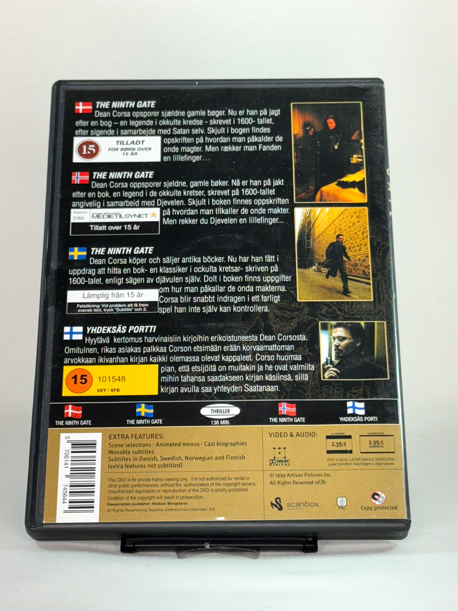Bakside av DVD-cover til The Ninth Gate – brukt originalfilm, thriller på DVD tilgjengelig hos Brukbar Film