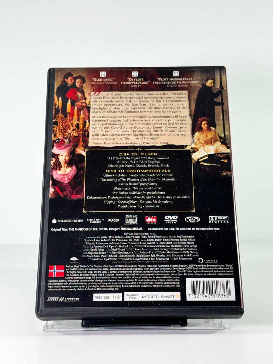 Bakside av cover til the phantom of the opera, brukt original DVD hos Brukbar Film