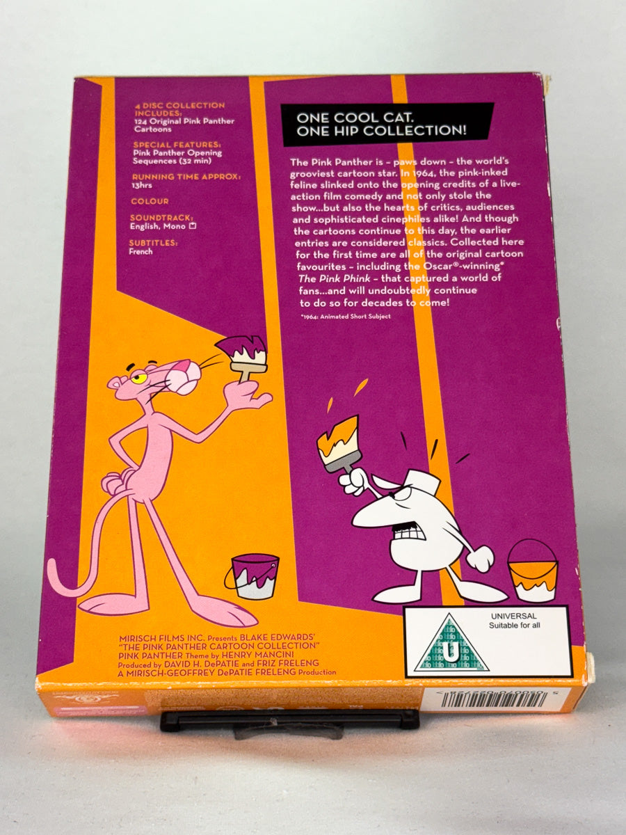Bakside av DVD-cover til The Pink Panther – Cartoon Collection – teknisk info og beskrivelse av tegnefilmsamlingen, brukt original-DVD hos Brukbar Film