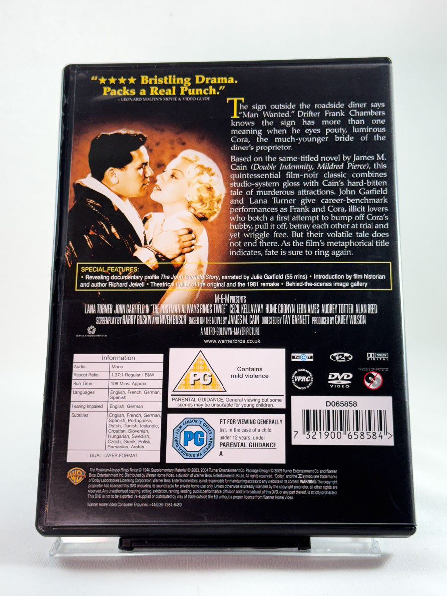 Bakside av DVD-cover til The Postman Always Rings Twice med filmomtale og teknisk info; brukt noir-klassiker på DVD hos Brukbar Film