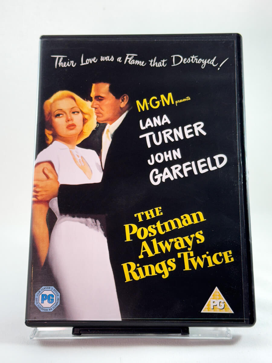 Forside av DVD-cover til The Postman Always Rings Twice (1946) med Lana Turner og John Garfield; brukt film noir-klassiker på DVD hos Brukbar Film
