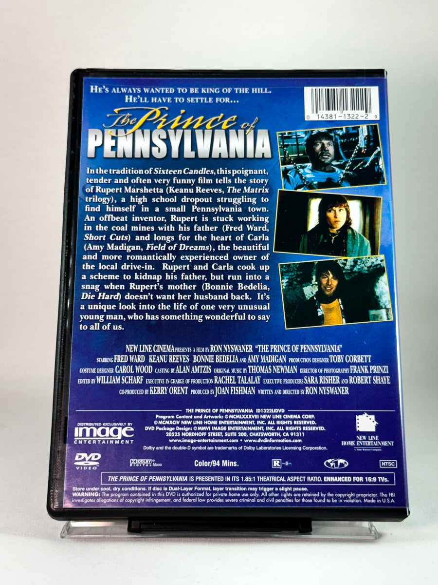 The Prince of Pennsylvania – bakside av DVD-cover med handling og produksjonsinformasjon, brukt DVD hos Brukbar Film