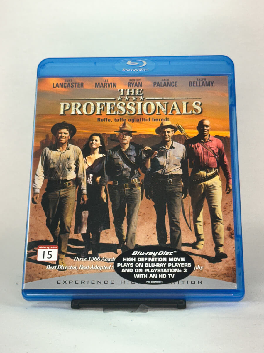Forside av Blu-ray-cover til The Professionals – actionfylt western med Burt Lancaster og Lee Marvin, brukt Blu-ray hos Brukbar Film.
