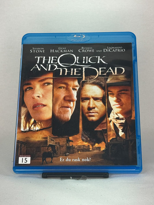 Forside av Blu-ray-cover til The Quick and the Dead – westernfilm med Sharon Stone, Gene Hackman og Leonardo DiCaprio, brukt Blu-ray hos Brukbar Film.