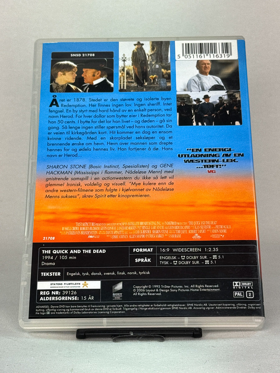 Bakside av DVD-cover til The Quick and the Dead – western med Sharon Stone og Gene Hackman fra regissør Sam Raimi, original brukt DVD-utgave tilgjengelig hos Brukbar Film.