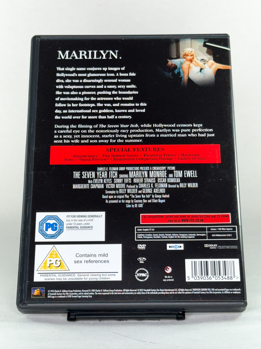 Bakside av DVD-cover for The Seven Year Itch – brukt DVD; filmomtale, språk og undertekst.