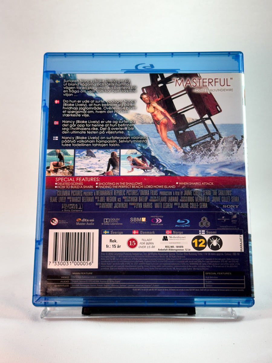 Bakside av cover til The Shallows, bruktfilm hos nettbutikken Brukbar Film