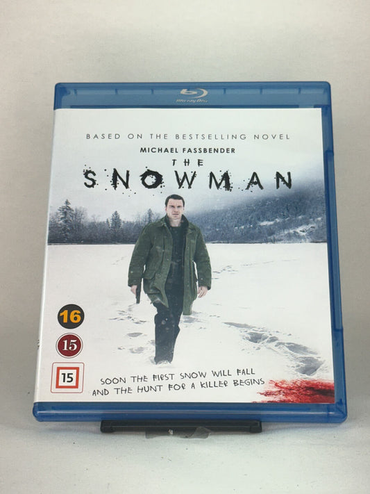 Forside av Blu-ray-cover til filmen The Snowman – brukt Blu-ray-krim basert på Jo Nesbøs roman, fra Brukbar Film