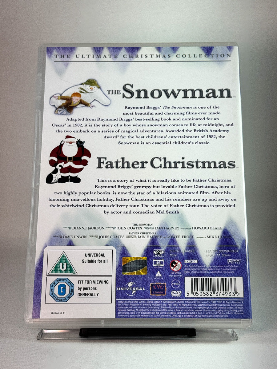 Bakside av DVD-cover til The Snowman / Father Christmas, tidløse animasjonsfilmer med juletema, brukt DVD hos Brukbar Film