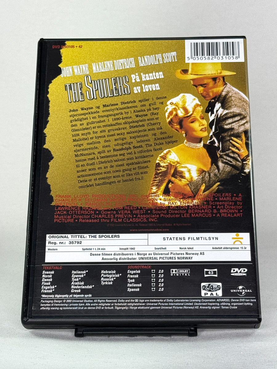 Bakside av DVD-cover til The Spoilers – klassisk westernfilm fra Universal, brukt originalfilm på DVD tilgjengelig hos Brukbar Film
