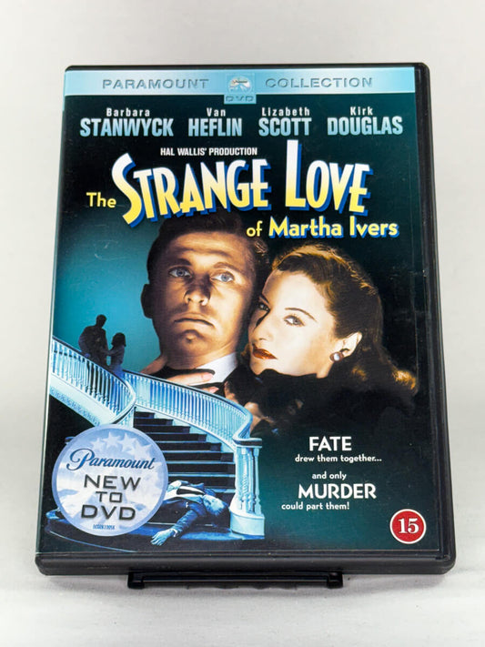 Forside av DVD-cover til noir-klassikeren The Strange Love of Martha Ivers med Barbara Stanwyck og Kirk Douglas, brukt DVD hos Brukbar Film