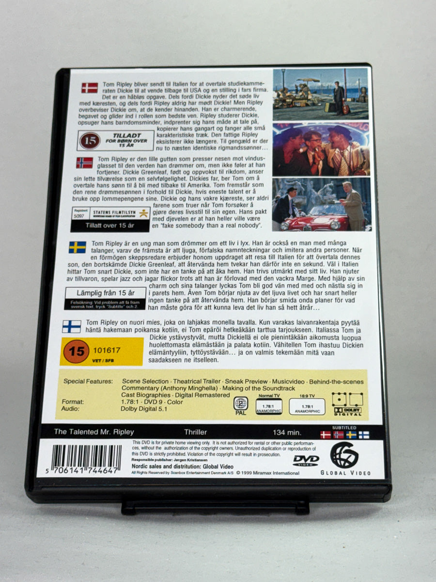 Bakside av DVD-cover til The Talented Mr. Ripley med detaljer om film og utgave; brukt DVD hos Brukbar Film.