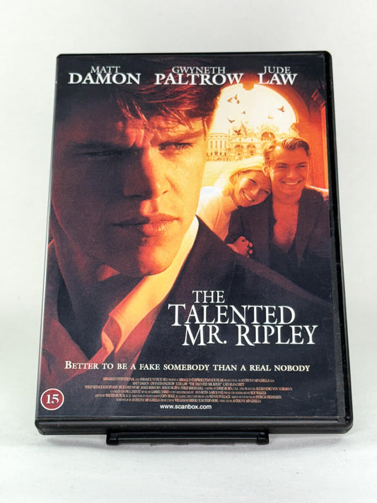 Forside av DVD-cover for The Talented Mr. Ripley, psykologisk thriller med Damon, Paltrow og Law; brukt DVD-cover hos Brukbar Film.