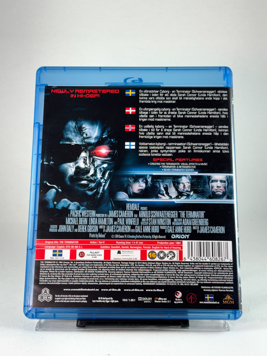 Bakside av Blu-ray-cover til The Terminator, brukt Blu-ray i sortimentet hos Brukbar Film