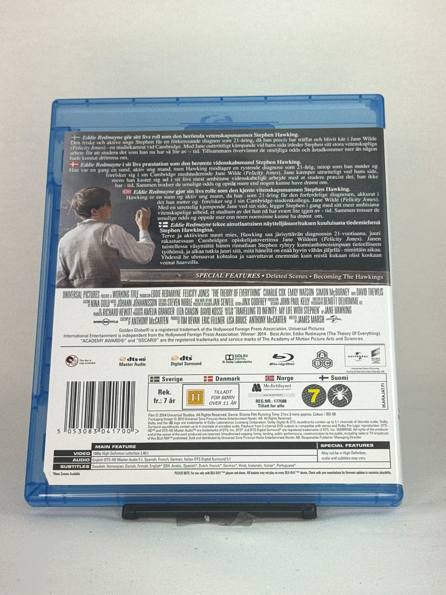 Bakside av Blu-ray-cover til The Theory of Everything – rørende fortelling om kjærlighet og vitenskap, bruktfilm på Blu-ray hos Brukbar Film.