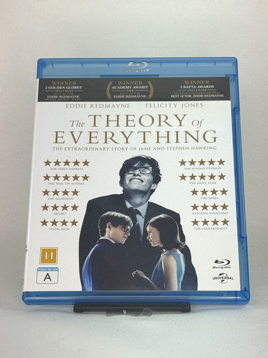 Forside av Blu-ray-cover til The Theory of Everything – biografisk drama om Stephen Hawking med Eddie Redmayne og Felicity Jones, brukt Blu-ray hos Brukbar Film.