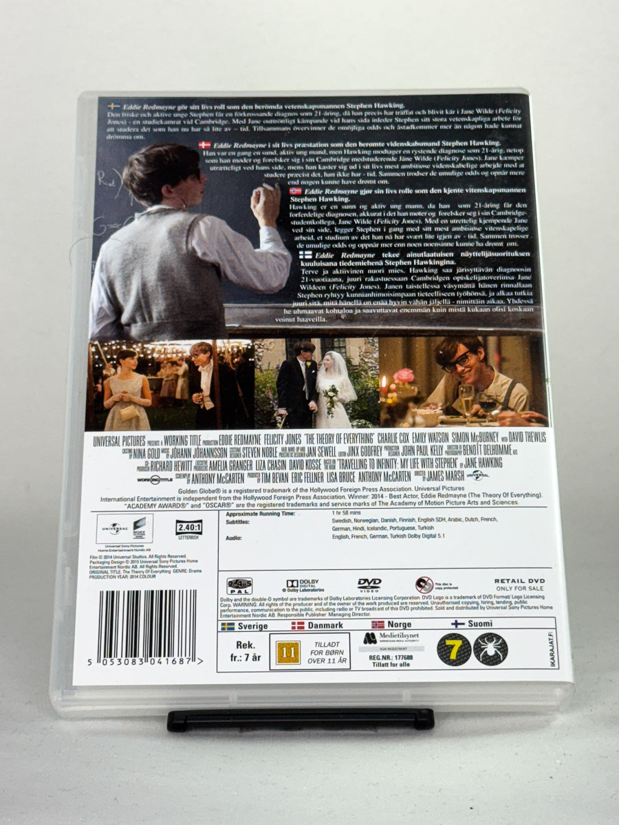 Bakside av DVD-cover til The Theory of Everything – Oscar-belønnet drama med Eddie Redmayne som Stephen Hawking, original brukt DVD-utgave tilgjengelig hos Brukbar Film.