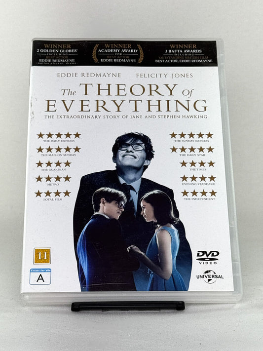 Forside av DVD-cover til The Theory of Everything med Eddie Redmayne og Felicity Jones – prisvinnende biografisk drama om Stephen Hawking, brukt film på DVD hos Brukbar Film.