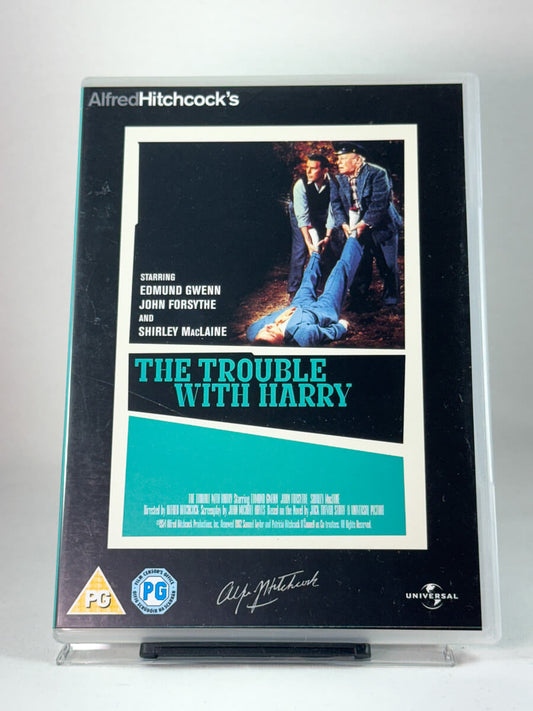 Forside av DVD-cover til The Trouble with Harry – svart komedie med John Forsythe og Shirley MacLaine, brukt film hos Brukbar Film.