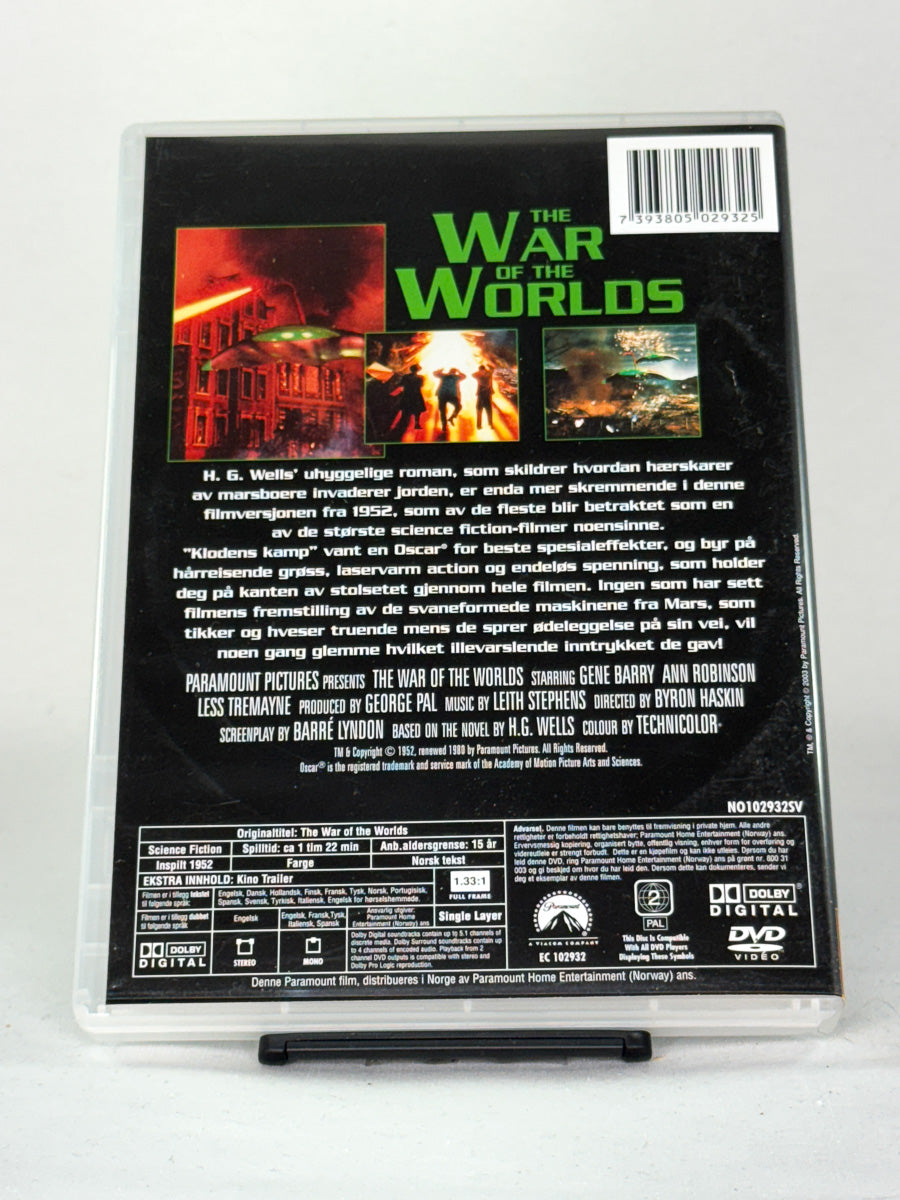 Bakside av DVD-cover til The War of the Worlds – den klassiske filmversjonen av rominvasjonen som startet alt, second hand DVD-film fra Brukbar Film.